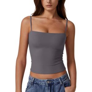 imageQINSEN Womens Double Lined Basic Tank Top Adjustable Spaghetti Straps Sleeveless Camisole ShirtsDark Grey