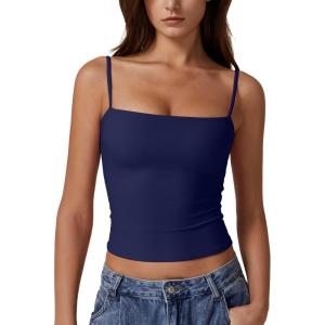 imageQINSEN Womens Double Lined Basic Tank Top Adjustable Spaghetti Straps Sleeveless Camisole ShirtsEstate Blue