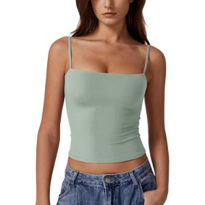 imageQINSEN Womens Double Lined Basic Tank Top Adjustable Spaghetti Straps Sleeveless Camisole ShirtsGreen