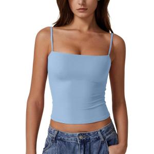imageQINSEN Womens Double Lined Basic Tank Top Adjustable Spaghetti Straps Sleeveless Camisole ShirtsLight Blue