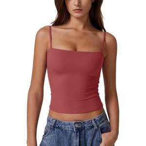 imageQINSEN Womens Double Lined Basic Tank Top Adjustable Spaghetti Straps Sleeveless Camisole ShirtsMerlot