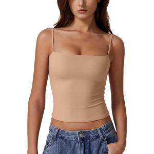 imageQINSEN Womens Double Lined Basic Tank Top Adjustable Spaghetti Straps Sleeveless Camisole ShirtsTan