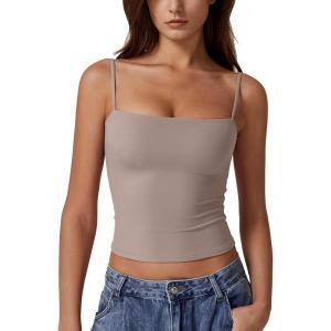 imageQINSEN Womens Double Lined Basic Tank Top Adjustable Spaghetti Straps Sleeveless Camisole ShirtsTaupe Gray