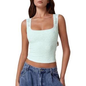 imageQINSEN Womens Lace Trim Square Neck Sleeveless Tank Tops DoubleLayer Slim Fit T Shirt Crop TopsAiry Blue