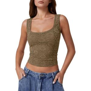 imageQINSEN Womens Lace Trim Square Neck Sleeveless Tank Tops DoubleLayer Slim Fit T Shirt Crop TopsBrown