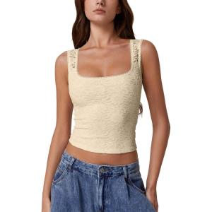 imageQINSEN Womens Lace Trim Square Neck Sleeveless Tank Tops DoubleLayer Slim Fit T Shirt Crop TopsKhaki