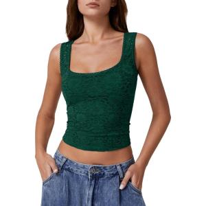 imageQINSEN Womens Lace Trim Square Neck Sleeveless Tank Tops DoubleLayer Slim Fit T Shirt Crop TopsPine Green