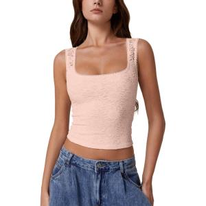 imageQINSEN Womens Lace Trim Square Neck Sleeveless Tank Tops DoubleLayer Slim Fit T Shirt Crop TopsPink