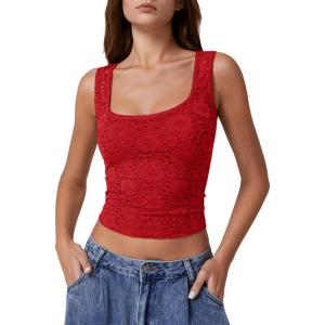 imageQINSEN Womens Lace Trim Square Neck Sleeveless Tank Tops DoubleLayer Slim Fit T Shirt Crop TopsRed