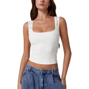 imageQINSEN Womens Lace Trim Square Neck Sleeveless Tank Tops DoubleLayer Slim Fit T Shirt Crop TopsWhite
