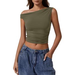 imageQINSEN Womens One Shoulder Sleeveless Basic Top Double Lined Slim Fit T Shirt Cropped TeeArmy Gree