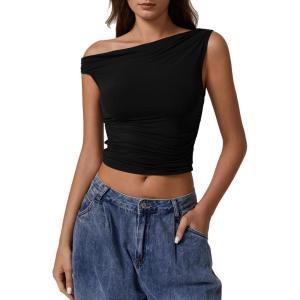 imageQINSEN Womens One Shoulder Sleeveless Basic Top Double Lined Slim Fit T Shirt Cropped TeeBlack