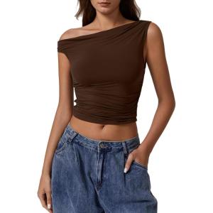 imageQINSEN Womens One Shoulder Sleeveless Basic Top Double Lined Slim Fit T Shirt Cropped TeeChestnut