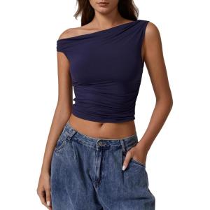 imageQINSEN Womens One Shoulder Sleeveless Basic Top Double Lined Slim Fit T Shirt Cropped TeeNavy