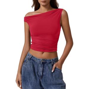 imageQINSEN Womens One Shoulder Sleeveless Basic Top Double Lined Slim Fit T Shirt Cropped TeeRed