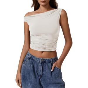 imageQINSEN Womens One Shoulder Sleeveless Basic Top Double Lined Slim Fit T Shirt Cropped TeeWhite