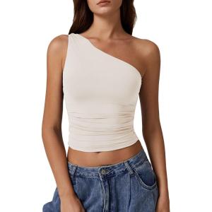 imageQINSEN Womens One Shoulder Tank Tops Double Lined Sleeveless Slim Fit Cropped Tee Shirt Y2k TopsBeige