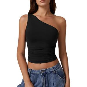imageQINSEN Womens One Shoulder Tank Tops Double Lined Sleeveless Slim Fit Cropped Tee Shirt Y2k TopsBlack