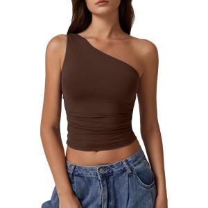 imageQINSEN Womens One Shoulder Tank Tops Double Lined Sleeveless Slim Fit Cropped Tee Shirt Y2k TopsCoffee Bean