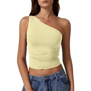 imageQINSEN Womens One Shoulder Tank Tops Double Lined Sleeveless Slim Fit Cropped Tee Shirt Y2k TopsLight Yellow