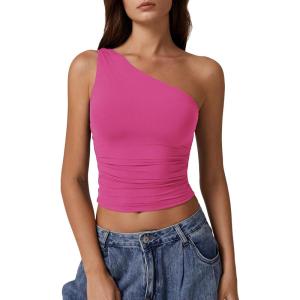 imageQINSEN Womens One Shoulder Tank Tops Double Lined Sleeveless Slim Fit Cropped Tee Shirt Y2k TopsMagenta