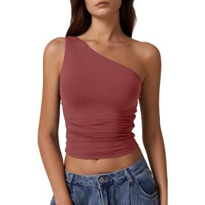 imageQINSEN Womens One Shoulder Tank Tops Double Lined Sleeveless Slim Fit Cropped Tee Shirt Y2k TopsMerlot