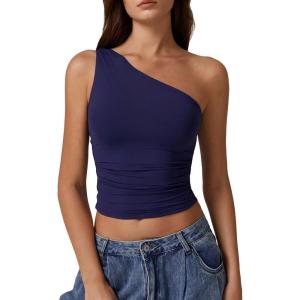 imageQINSEN Womens One Shoulder Tank Tops Double Lined Sleeveless Slim Fit Cropped Tee Shirt Y2k TopsNavy