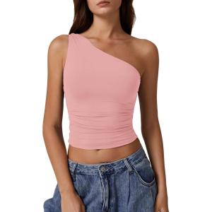 imageQINSEN Womens One Shoulder Tank Tops Double Lined Sleeveless Slim Fit Cropped Tee Shirt Y2k TopsPink