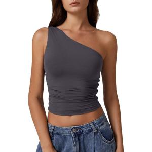 imageQINSEN Womens One Shoulder Tank Tops Double Lined Sleeveless Slim Fit Cropped Tee Shirt Y2k TopsTea Leaf