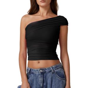 imageQINSEN Womens Sleeveless Foldover Top Double Lined One Shoulder T Shirts Summer Trendy Going Out Crop TopsBlack
