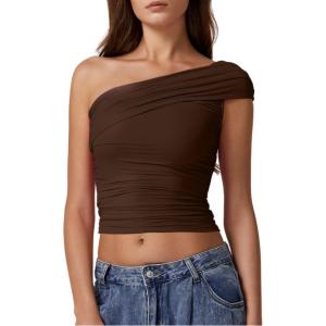 imageQINSEN Womens Sleeveless Foldover Top Double Lined One Shoulder T Shirts Summer Trendy Going Out Crop TopsChestnut