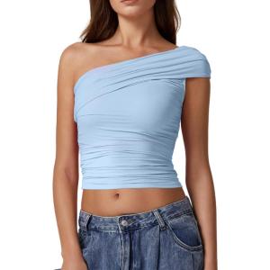 imageQINSEN Womens Sleeveless Foldover Top Double Lined One Shoulder T Shirts Summer Trendy Going Out Crop TopsLight Blue