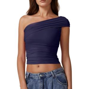 imageQINSEN Womens Sleeveless Foldover Top Double Lined One Shoulder T Shirts Summer Trendy Going Out Crop TopsNavy Blue
