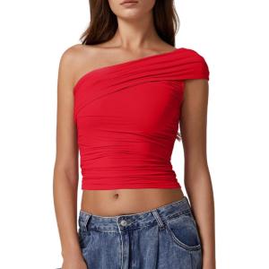 imageQINSEN Womens Sleeveless Foldover Top Double Lined One Shoulder T Shirts Summer Trendy Going Out Crop TopsRed