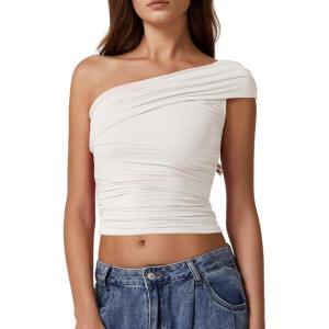 imageQINSEN Womens Sleeveless Foldover Top Double Lined One Shoulder T Shirts Summer Trendy Going Out Crop TopsSplashed White