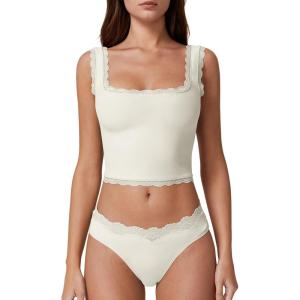 imageQINSEN Womens Square Neck Lace Trim Tank Tops Double Lined Slim Fit Summer Going Out Y2k T ShirtsBeige
