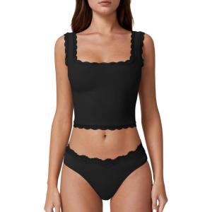 imageQINSEN Womens Square Neck Lace Trim Tank Tops Double Lined Slim Fit Summer Going Out Y2k T ShirtsBlack