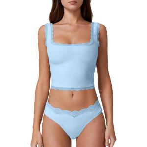 imageQINSEN Womens Square Neck Lace Trim Tank Tops Double Lined Slim Fit Summer Going Out Y2k T ShirtsSky Blue