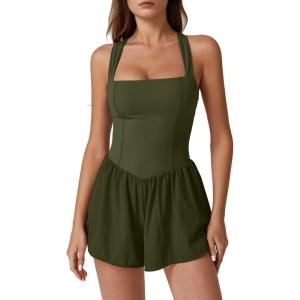imageQINSEN Womens Square Neck Sleeveless Romper Jumpsuit Casual Summer One Piece Outfit with PocketArmy Green