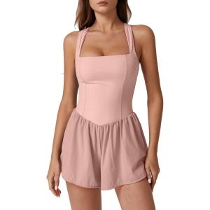 imageQINSEN Womens Square Neck Sleeveless Romper Jumpsuit Casual Summer One Piece Outfit with PocketBaby Pink