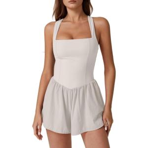 imageQINSEN Womens Square Neck Sleeveless Romper Jumpsuit Casual Summer One Piece Outfit with PocketBeige