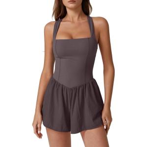 imageQINSEN Womens Square Neck Sleeveless Romper Jumpsuit Casual Summer One Piece Outfit with PocketDark Grey