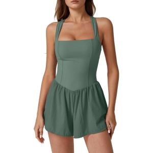 imageQINSEN Womens Square Neck Sleeveless Romper Jumpsuit Casual Summer One Piece Outfit with PocketGreen