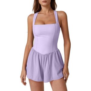 imageQINSEN Womens Square Neck Sleeveless Romper Jumpsuit Casual Summer One Piece Outfit with PocketLight Purple