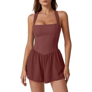 imageQINSEN Womens Square Neck Sleeveless Romper Jumpsuit Casual Summer One Piece Outfit with PocketMerlot