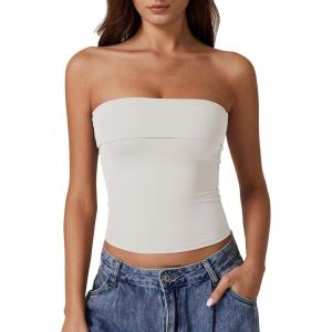 imageQINSEN Womens Tube Tops Strapless Bandeau Tops Double Lined Slim Fit Summer Going Out Tank TopsBeige