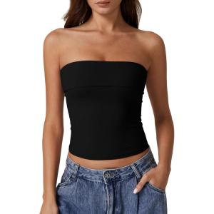 imageQINSEN Womens Tube Tops Strapless Bandeau Tops Double Lined Slim Fit Summer Going Out Tank TopsBlack