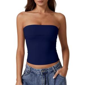 imageQINSEN Womens Tube Tops Strapless Bandeau Tops Double Lined Slim Fit Summer Going Out Tank TopsEstate Blue