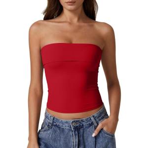 imageQINSEN Womens Tube Tops Strapless Bandeau Tops Double Lined Slim Fit Summer Going Out Tank TopsFairy Red