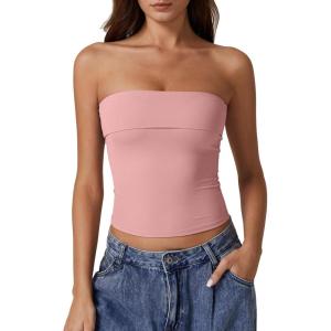 imageQINSEN Womens Tube Tops Strapless Bandeau Tops Double Lined Slim Fit Summer Going Out Tank TopsPink